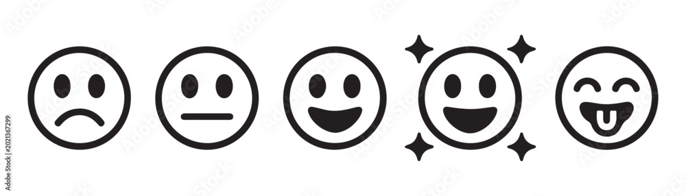 Obraz premium Set of five emoji faces showing different emotions from sad to happy and excited.