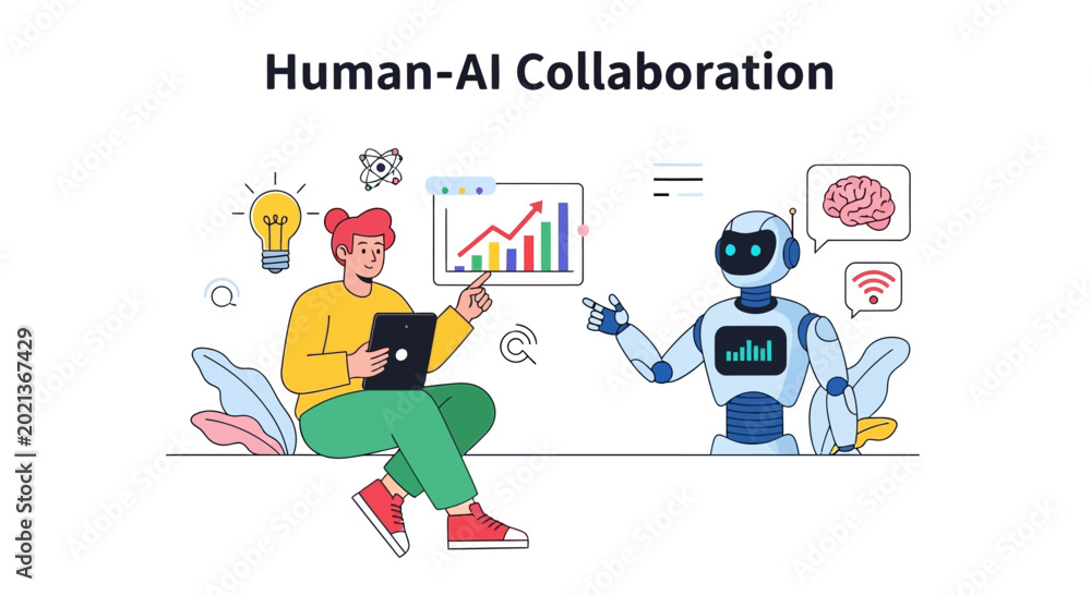 Naklejka premium Human and artificial intelligence collaboration concept illustration.