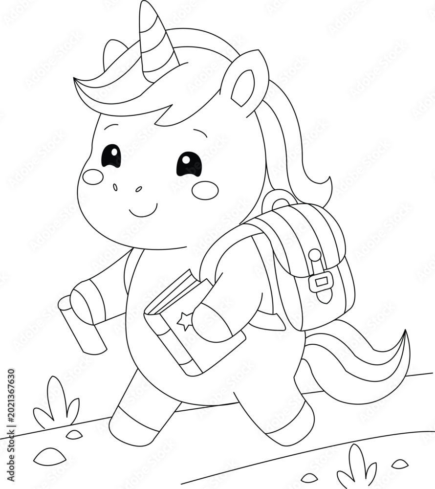 Fototapeta premium Cute unicorn going to school, coloring page