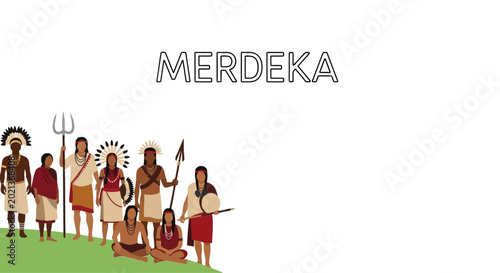 Fotografi Group of Indonesian traditional tribal warriors standing together with weapons