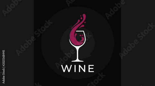 Foto Luxury wine logo design template vector illustration featuring an elegant glass icon with splashing red wine liquid isolated on black circle background