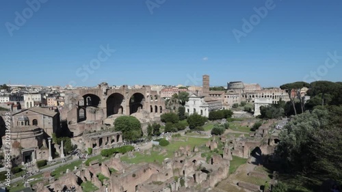 The ruins of the Roman Forum seen from the Palatine Hill, iconic historical sites in Rome.