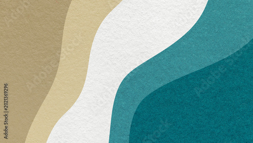 Abstract fluid wavy layered textured paper background in beige white teal colors, flowing curved shapes for banner template