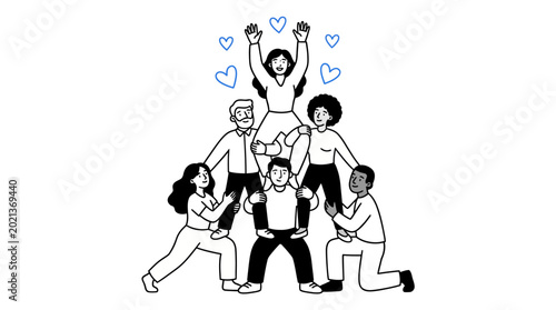 Photos A group of diverse individuals working together to lift one another physically and emotionally, illustrating teamwork, support, and the spirit of collaboration in our community