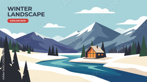 Quadro em tela This tranquil image portrays a winter landscape, featuring mountains, a cozy cabin, and a river, inviting viewers to explore nature's serene and beautiful scenes