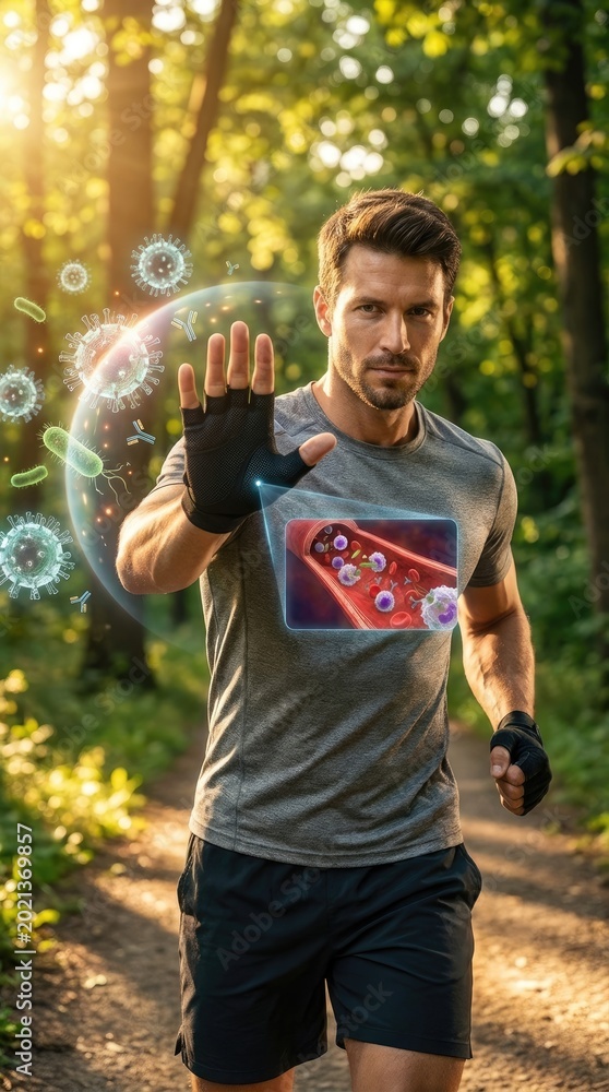 Fototapeta premium Man displaying active immunity defense mechanism, protecting human body against microscopic pathogen, showing internal biological cellular response, demonstrating natural health resilience.