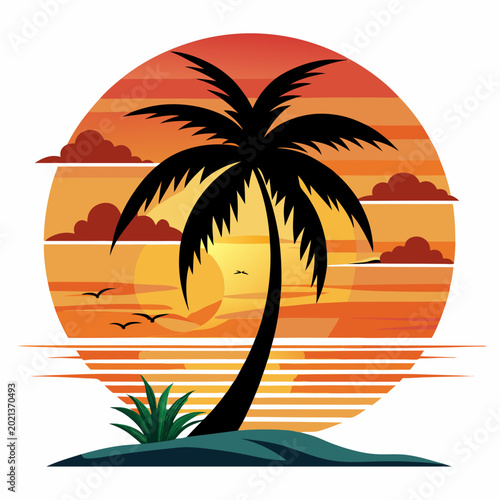 Beautiful ocean sunset vector illustration with silhouette of tropical palm trees.