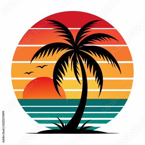 Travel and tourism vector logo featuring a tropical sunset with palm trees.