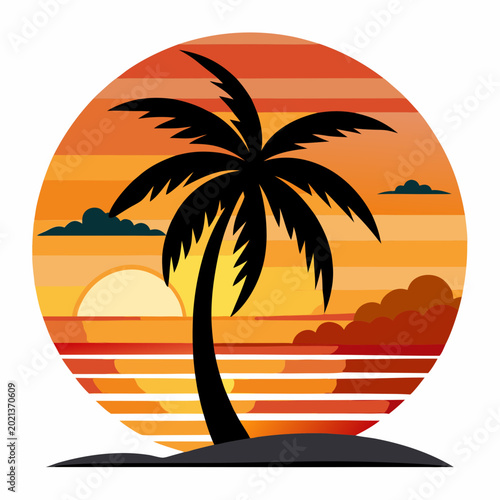 Exotic island sunset vector art featuring a palm tree silhouette inside a circle.