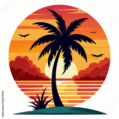 Colorful California style sunset vector illustration with palm tree silhouettes.