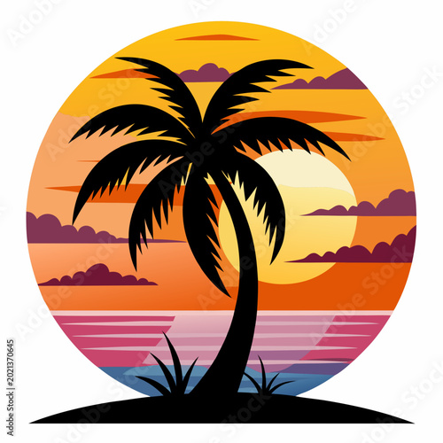 Minimalist tropical beach sunset vector graphic with palm trees for branding.