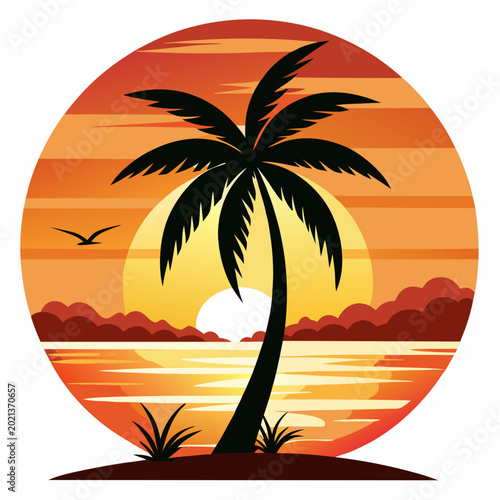 Circular tropical paradise sunset vector with palm tree silhouettes and sun rays.