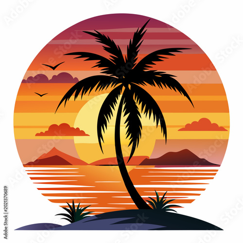 Vintage Hawaii beach sunset vector art with palm tree silhouettes for travel posters.