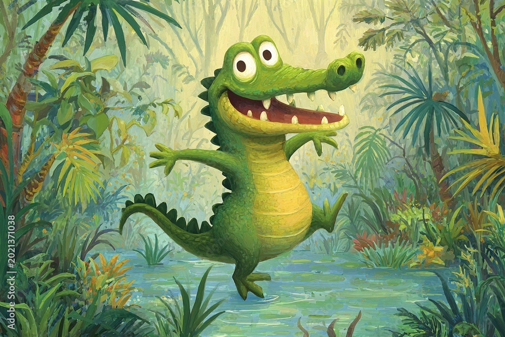 Obraz premium cartoon crocodile dancing in jungle clearing