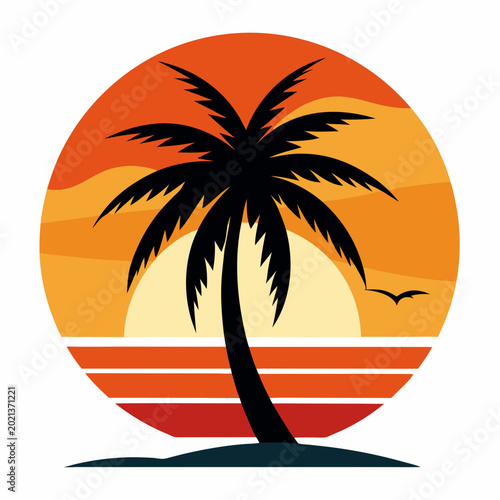 Tropical island sunset vector designed for tourism graphics, websites, and promotional materials.
