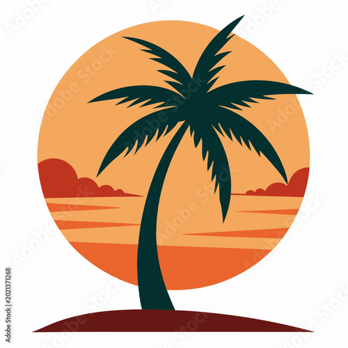 Beautiful sunset with palm tree silhouette perfect for summer apparel and print-on-demand products.
