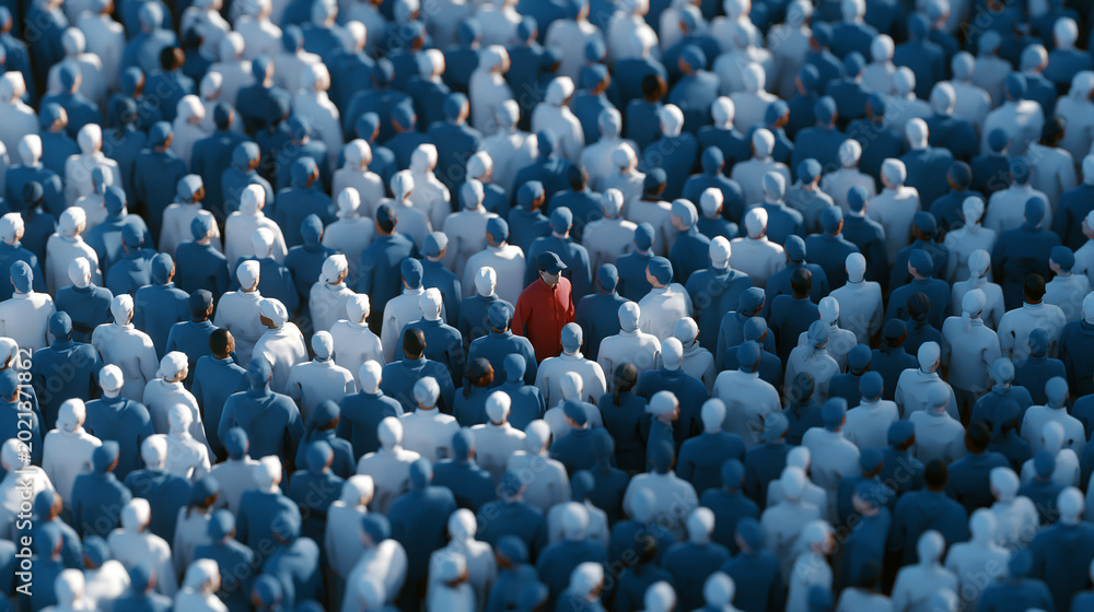 Obraz premium Abstract aerial concept showing uniformity and diversity, overhead crowd of people in matching outfits with one individual in a contrasting color standing out, individuality
