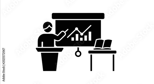 Photos Businessman Giving Presentation at Podium.