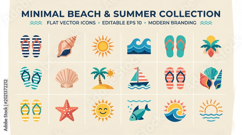 Photography Minimalist beach icons set for summer travel and leisure activities