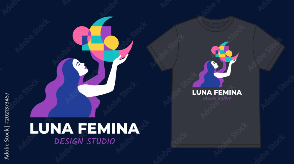 Fototapeta premium The image showcases a vibrant logo design for 'Luna Femina' with an elegant female figure and colorful shapes, representing creativity and femininity suitable for design studios.
