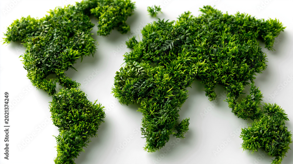 Obraz premium Top view world map formed by lush green grass texture, sustainable earth concept, environmental awareness, nature-inspired cartography, clean background, with copy space