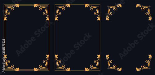 Canvas-taulu Golden Elegance: A set of ornate picture frames adorned with intricate, swirling golden details against a sleek, dark background, exuding timeless sophistication and decorative finesse