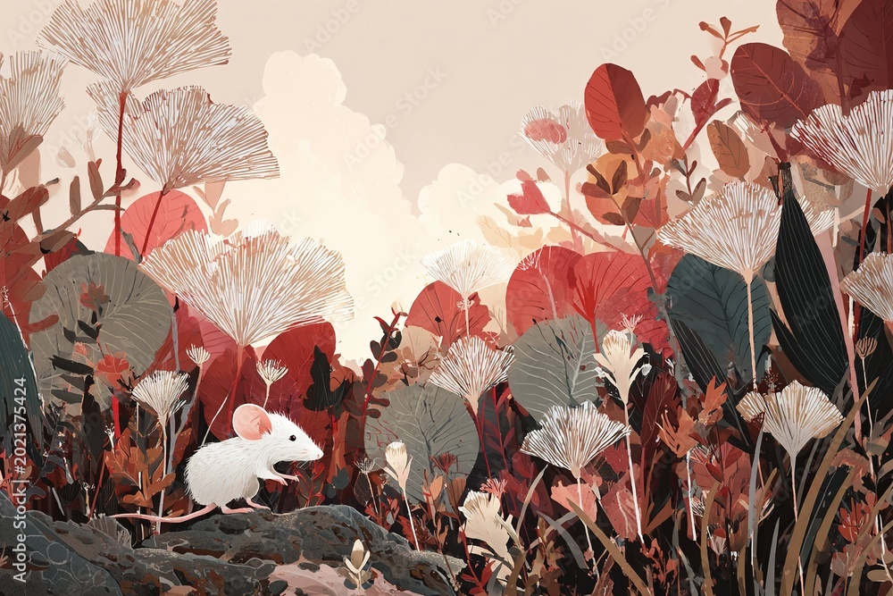 Naklejka premium mouse exploring a giant garden with flowers