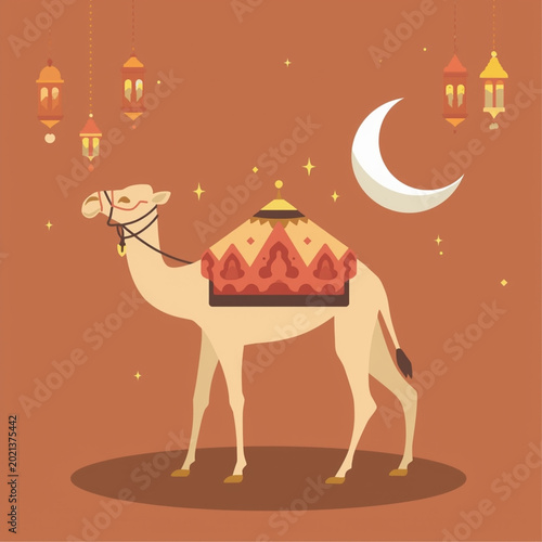 A camel standing on a brown surface with lanterns and a crescent moon