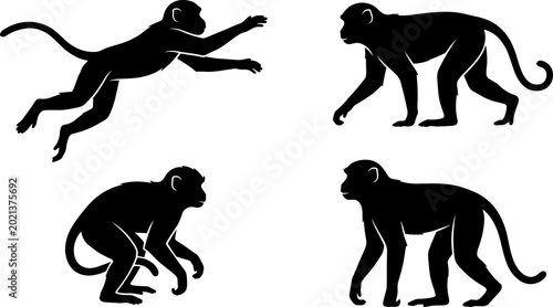 Canvas Print Wild Monkey Silhouette Vector Icon Set Featuring Primate Characters Jumping Walk
