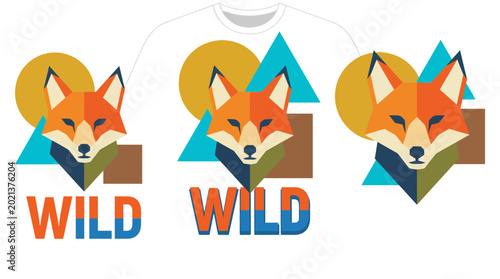 Photos This stylish T-shirt design features a wild fox created with geometric shapes and vibrant colors, appealing to fashion enthusiasts and nature lovers alike