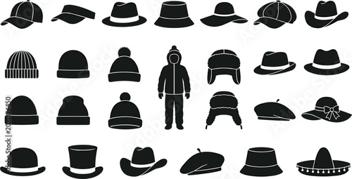 Fotografía Men and women hat headwear vector silhouette collection featuring baseball cap winter beanie fedora cowboy hat top hat beret isolated on white background
