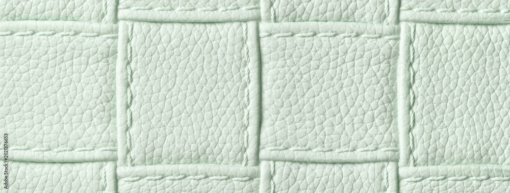 Obraz premium Texture light mint green leather background with quilted stitched pattern, macro. Abstract pastel sage upholstery surface