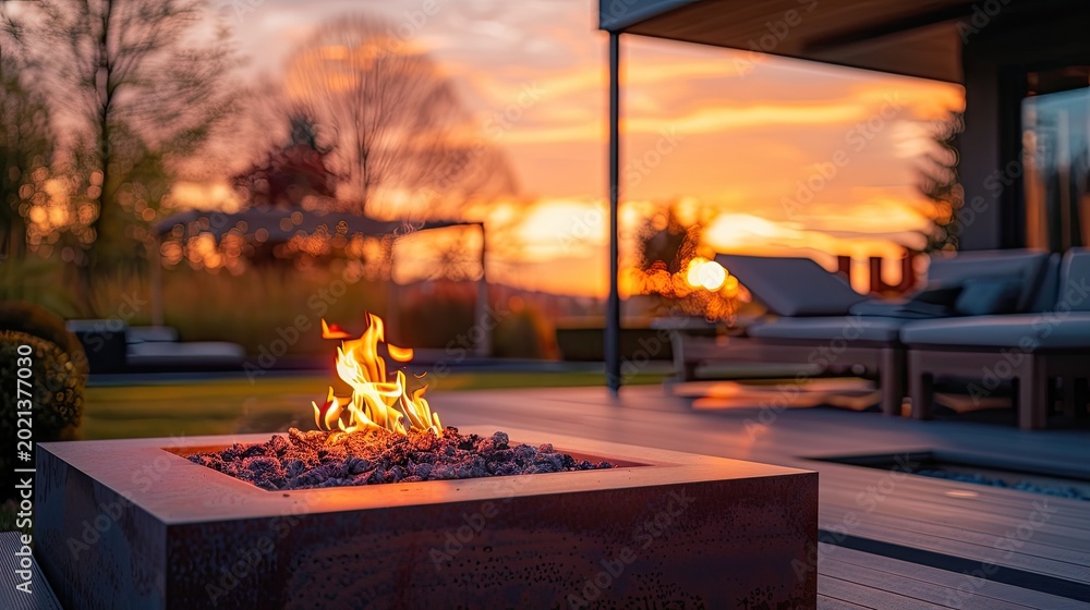Naklejka premium Cozy Sunset Fire Pit on a Rooftop Terrace