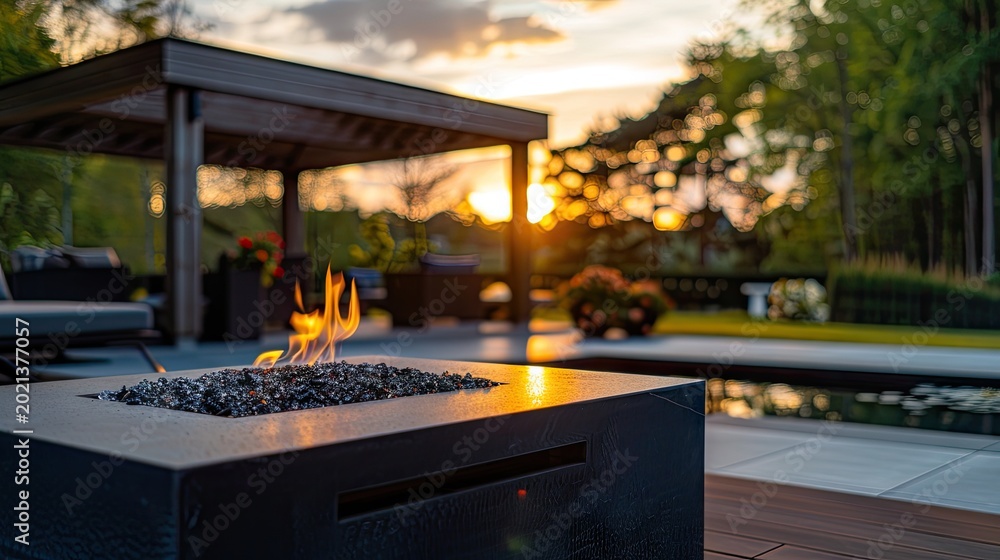 Naklejka premium Cozy Sunset Fire Pit on a Rooftop Terrace