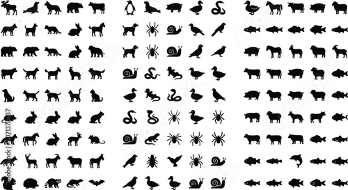 Foto Mega animal silhouette vector mega bundle featuring farm wild marine life icons mammals birds insects reptiles collection set isolated on a white background