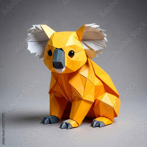 Hyperrealistic yellow papercraft koala with geometric origami folds and large white ears, 3D paper animal art isolated on neutral grey background, cute Australian wildlife sculpture design