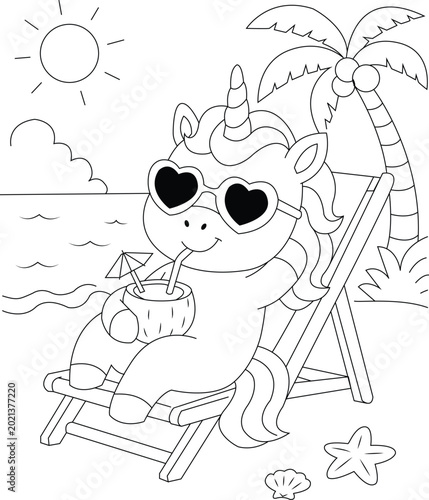 Cute unicorn chilling on a beach, coloring page