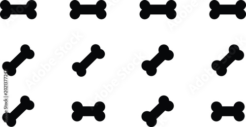 Quadro em tela Dog bone vector icon set featuring simple black silhouette shapes at different angles ideal for pet food packaging design isolated on white background