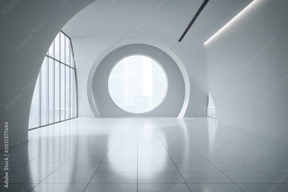 Fototapeta premium Minimal White Gallery with Giant Circular Window