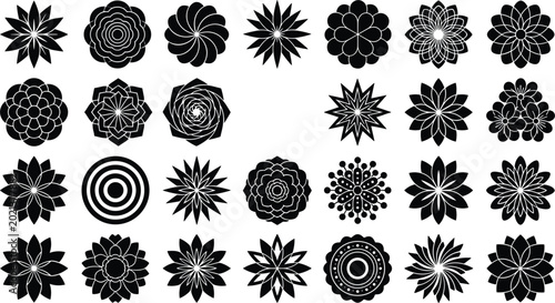 Bild auf Leinwand Geometric flower silhouette mandala icon set featuring black floral star rosette starburst elements perfect for cosmic luxury branding isolated on white background