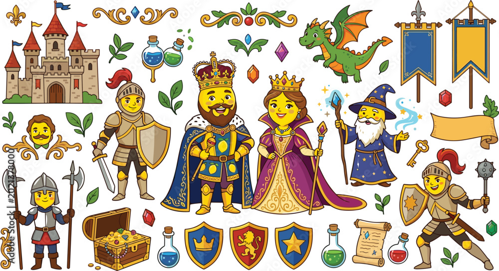 Naklejka premium Medieval Fantasy Kingdom Sticker Set with King, Queen, Knight, Wizard, Dragon, Castle, Treasure Chest, and Magic Elements for Game and Story Designs