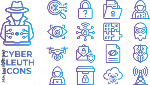 Photos Cyber sleuth icons with hacker drone and security shield symbols.