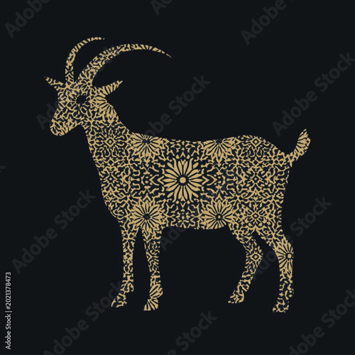Gold patterned goat on black background with floral designs