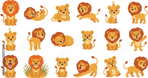 Canvas Print Kawaii Lion Set Featuring Adorable Lions in Various Poses and Expressions