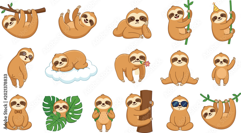 Naklejka premium Kawaii Sloth Set Featuring Sloths in Various Poses with Fun Expressions