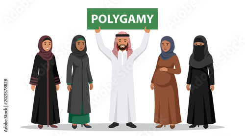 Photos Middle Eastern Man Standing with Four Wives Holding Polygamy Sign