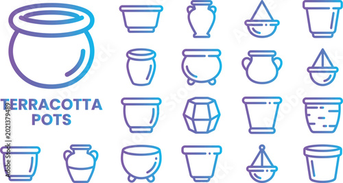 Quadro su tela Terracotta pots icons variety of shapes and sizes with blue purple gradient