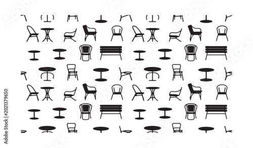 Set of many chairs and tables, furniture for cafe restaurant top view outdoor indoor.