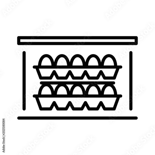Egg cartons displayed on shelf in minimalist grocery store  