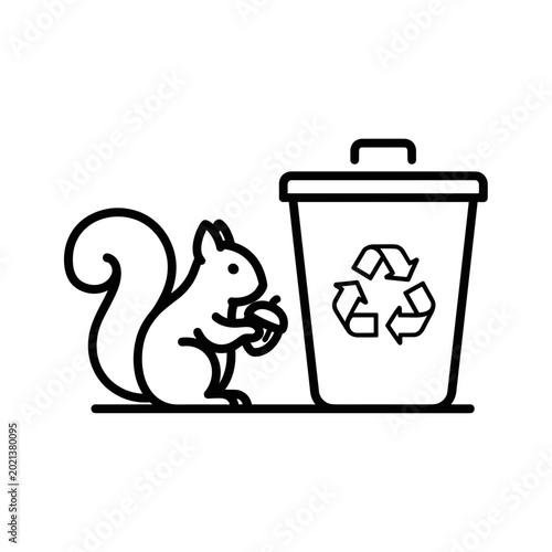 Squirrel holding an acorn next to recycling bin in minimalist style  